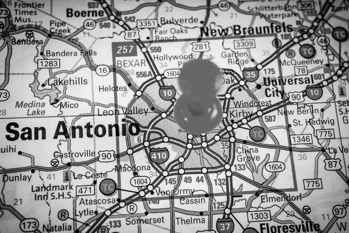 Road map showing San Antonio, Boerne, Bulverde, Bandera and New Braunfels
