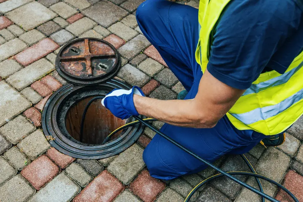 Worker in blue overalls feeding a jetting line into a manhole on brick pavers