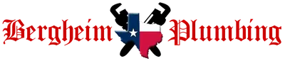 Bergheim Plumbing logo, blackletter wordmark with crossed pipe wrenches over Texas