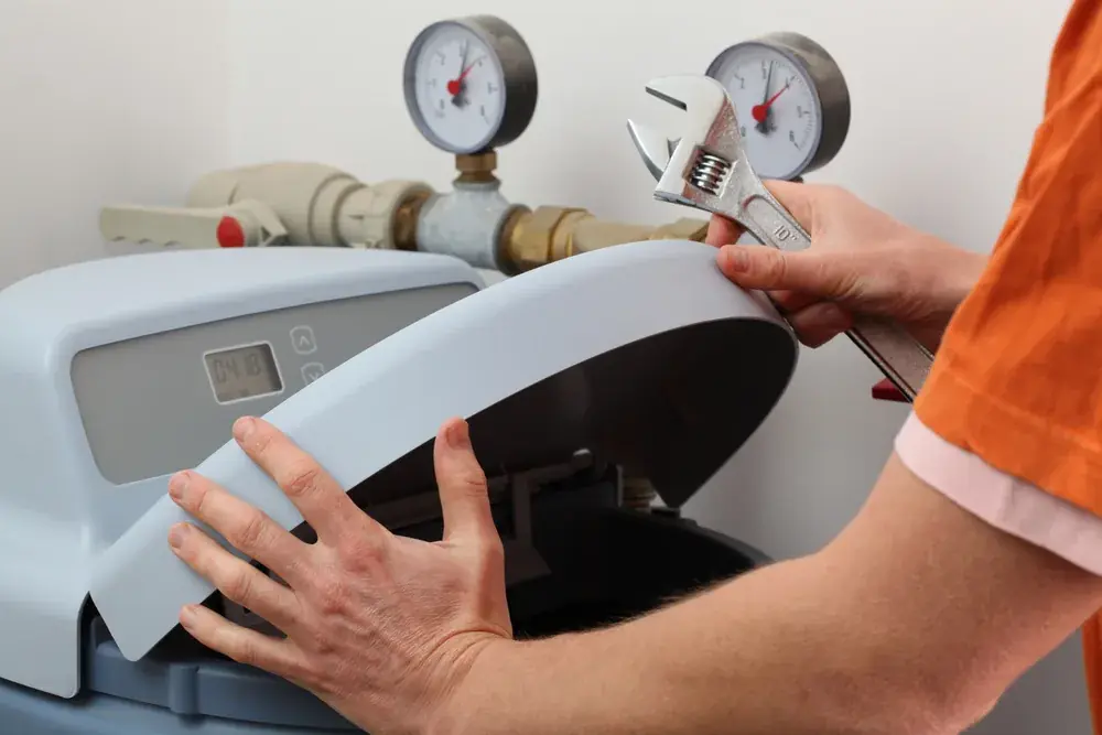 Hands in orange sleeves opening the cover of a white wall mounted water unit